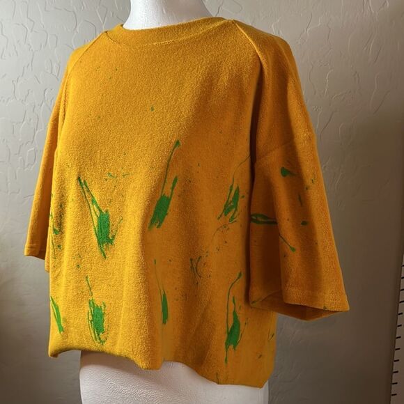 WOODROSE Deli vintage mustard oversized tee with raw edges & raglan sleeves SZ S - Picture 5 of 12
